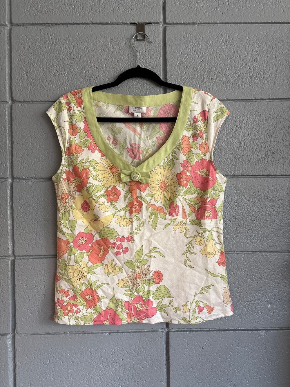 Vintage Ann Taylor Y2K 2010s Floral Babydoll 100% Linen Top size 10